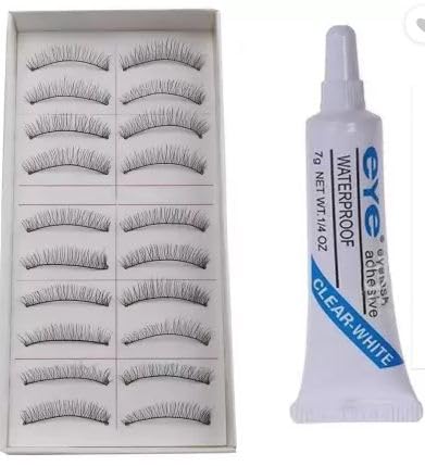 Gugzy® 10 Pairs Handmade Natural Soft False Eyelashes Fake Eye Lash Glue Included | Long-lasting | Voluminous Eyelashes | Dramatic Lash Look | Easy Application (10 Pair Eyelash + White Glue)